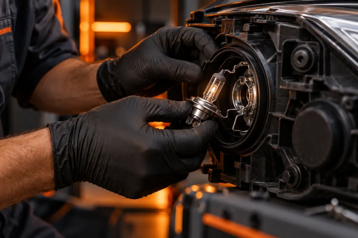 Profissional realizando troca de lâmpada automotiva